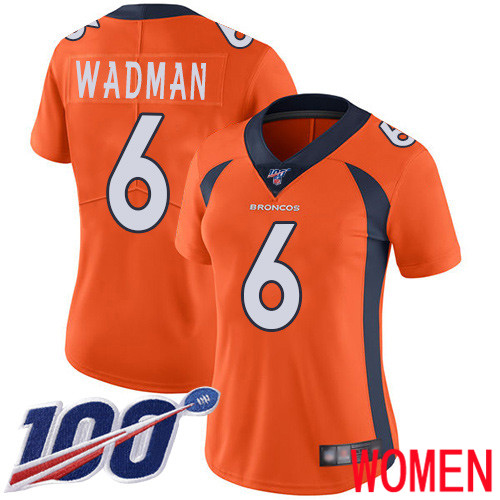 Women Denver Broncos 6 Colby Wadman Orange Team Color Vapor Untouchable Limited Player 100th Season Football NFL Jersey